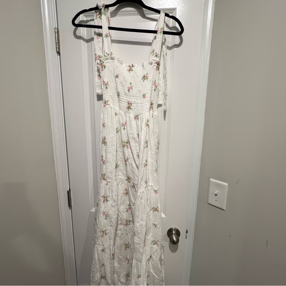 Floral Embroidered White Eyelet Maxi Dress